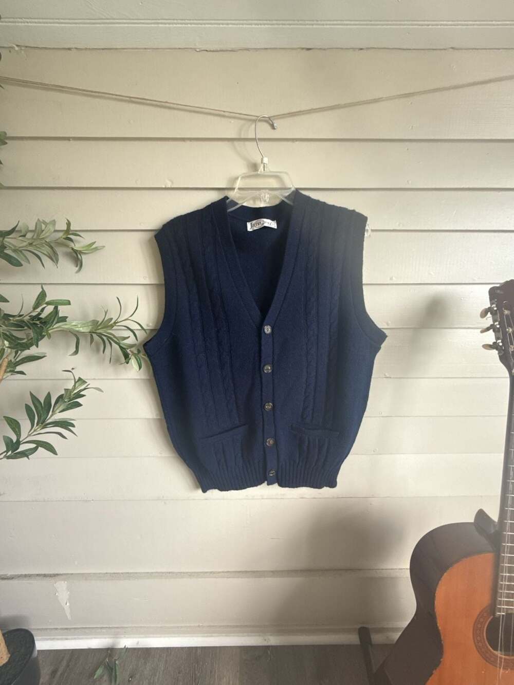 Vintage Jantzen Navy Blue Cable Knit V-Neck Button-Up Sweater Vest